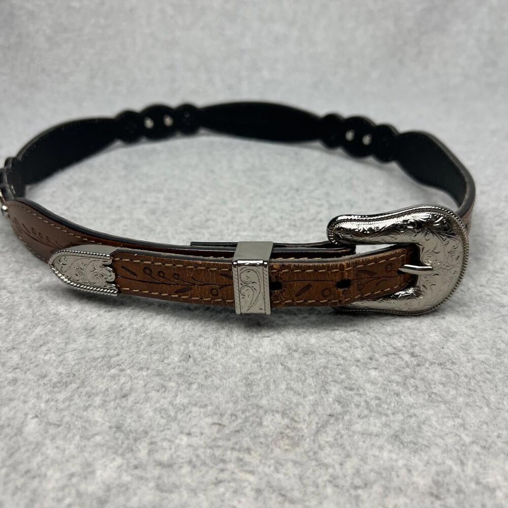 Western Bonded Leather Silver Studded Belt Womens Brown Size M Slim Cowgirl